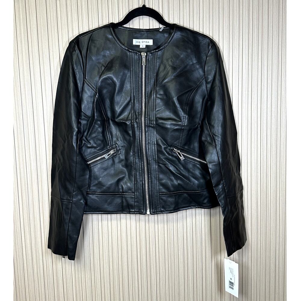 Via Spiga Collarless Faux Leather  Women's Jacket Size L